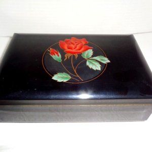 Vintage Musical Rose Jewelry Box, Hard Plastic, 7.5 x 5"